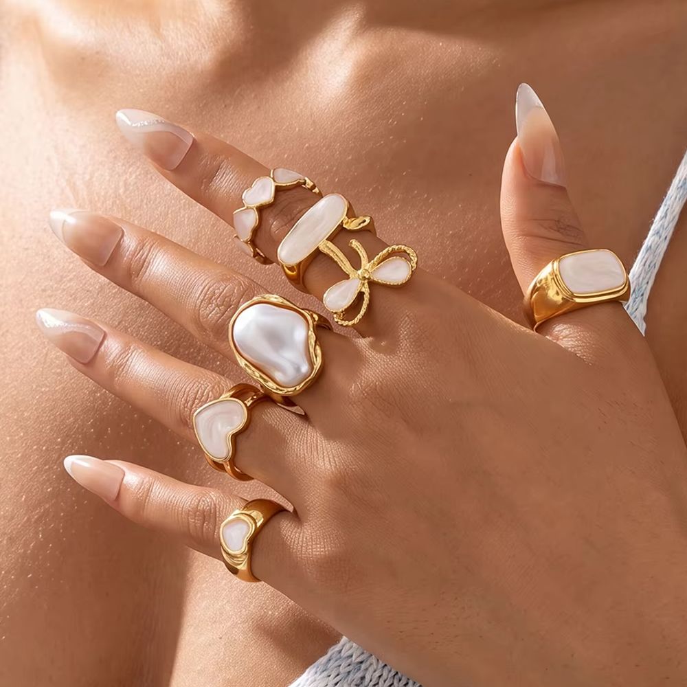 7Pcs/Set Boho Pearls Heart Bow - Vintage Punk Knuckle Rings Set ulasan dan harga