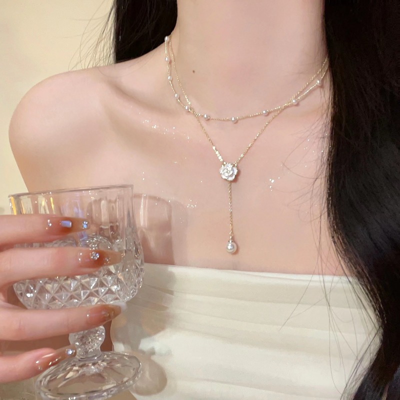 Y2K Double Layer Camellia Flow - Layered Pendant Necklace Aesthetic ulasan dan harga